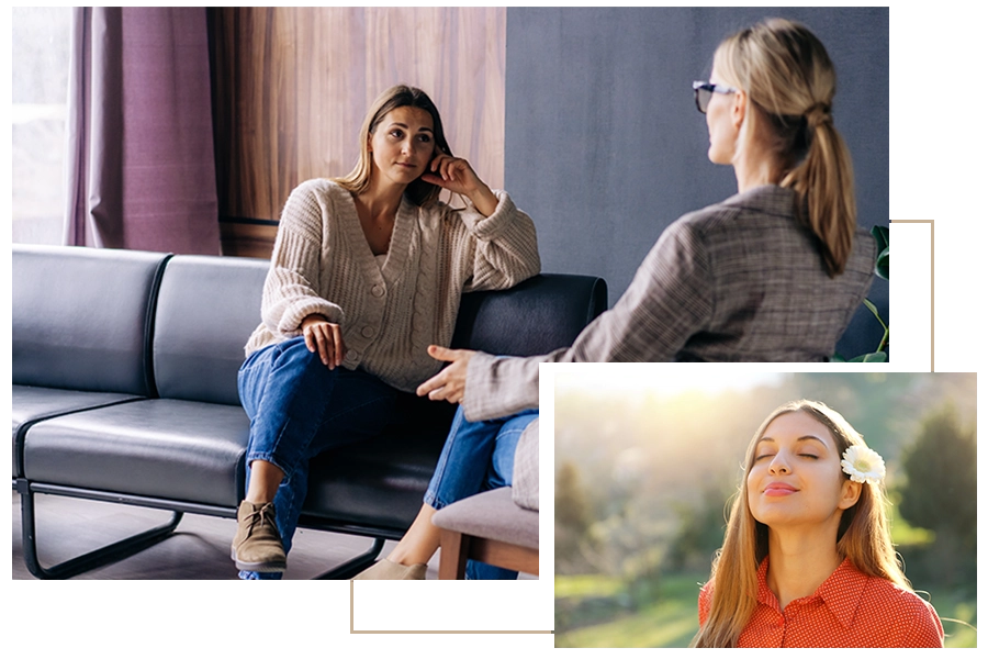 Séance d'accompagnement au cabinet, et femme apaisée au soleil