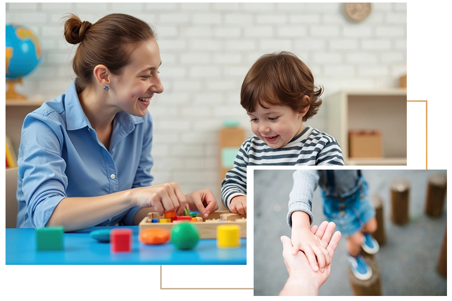 Séance ludique avec un jeune enfant, et main tendue vers un enfant